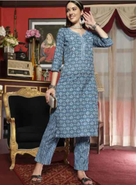 Sangria Floral Printed Straight Kurta with Trousers