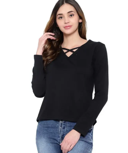 Women Solid V Neck Black T-Shirt