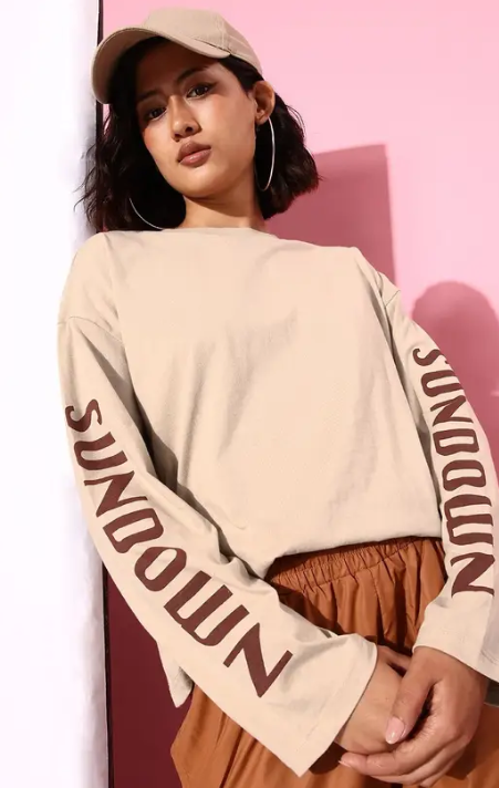 Women Printed Round Neck Beige T-Shirt