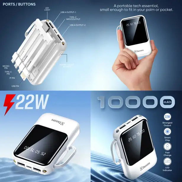 TP TROOPS 10000 mAh Power Bank (22 W, Fast Charging) (White, Lithium Polymer)