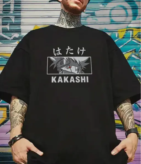 GARMIN Men&#39;s Black Cotton Oversized Round Neck T-Shirt - Kakashi Hatake Anime Design