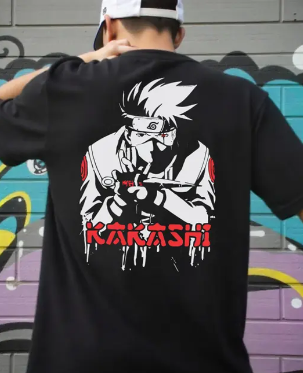 GARMIN Men&#39;s Black Cotton Oversized Round Neck T-Shirt - Kakashi Hatake Anime Design - Image 2