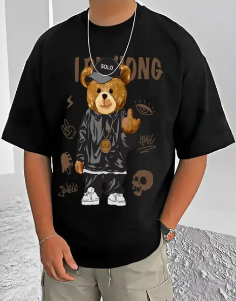 SCOTT FINCHER mens black cotton graphic printed oversized t shirt | oversized t shirt | oversized t shirt for mens | t shirt for men oversized | teddy t shirt for men | t shirt back print