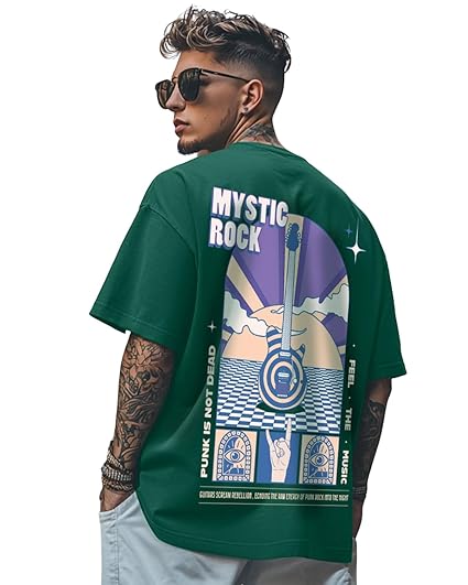 Veirdo® Pure Cotton Oversized Baggy Fit Drop Shoulder Stylish and Latest Graphic Printed Round Neck Half Sleeves T-Shirt for Men (Available Color Options: Black, Green, Royal Blue, Lilac & Sky Blue) - Image 2