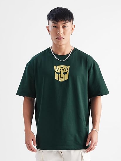 The Souled Store Transformers: Bumblebee Mens & Boys Oversized Fit Graphic Printed Half Sleeve Cotton Green Oversized T-Shirts