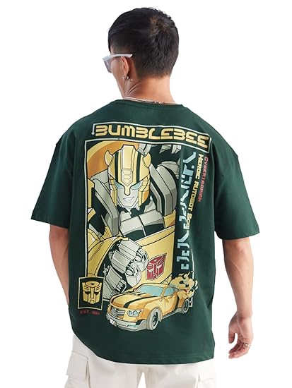 The Souled Store Transformers: Bumblebee Mens & Boys Oversized Fit Graphic Printed Half Sleeve Cotton Green Oversized T-Shirts - Image 2