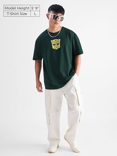 The Souled Store Transformers: Bumblebee Mens & Boys Oversized Fit Graphic Printed Half Sleeve Cotton Green Oversized T-Shirts - Image 3