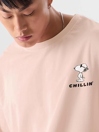 The Souled Store|Mens & Boys Official Round Neck|Peanuts Chillin Pink Color Printed|Half Sleeve Oversized|100% Cotton T-Shirts - Image 3