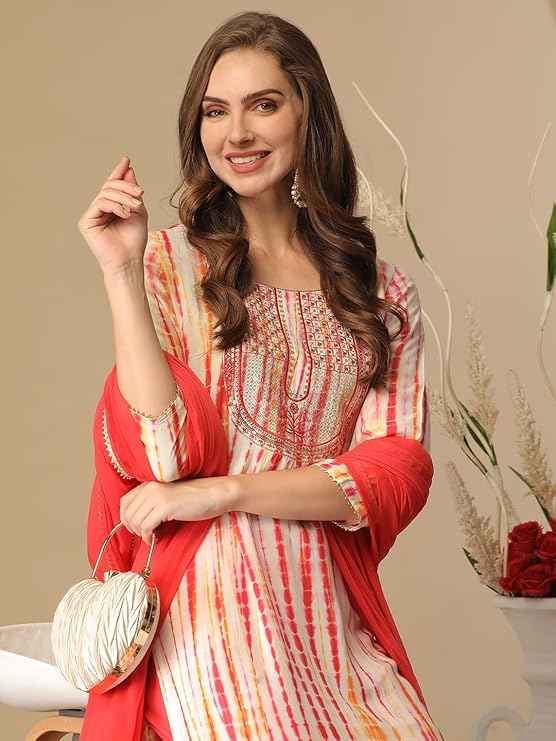 Rayon Blend Straight Printed Kurta with Pant & Dupatta