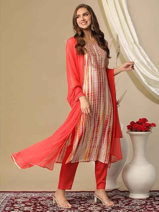 Rayon Blend Straight Printed Kurta with Pant & Dupatta