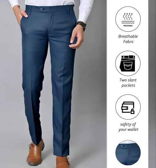 Men Airforceblue Regular Cotton Blend Formal Wear Trouser Pant