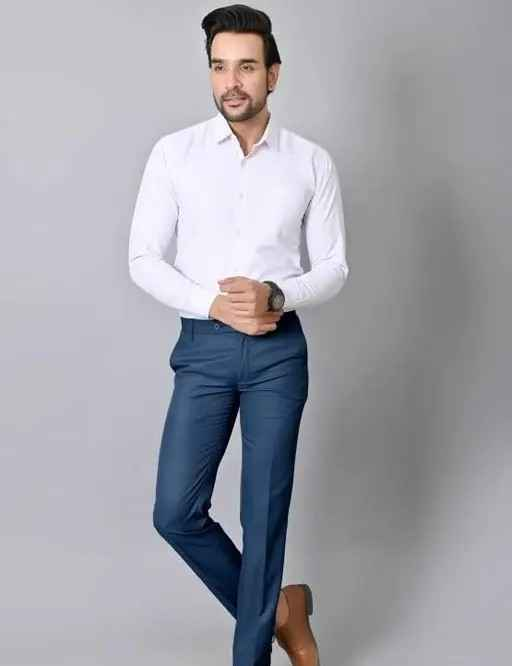 Men Airforceblue Regular Cotton Blend Formal Wear Trouser Pant