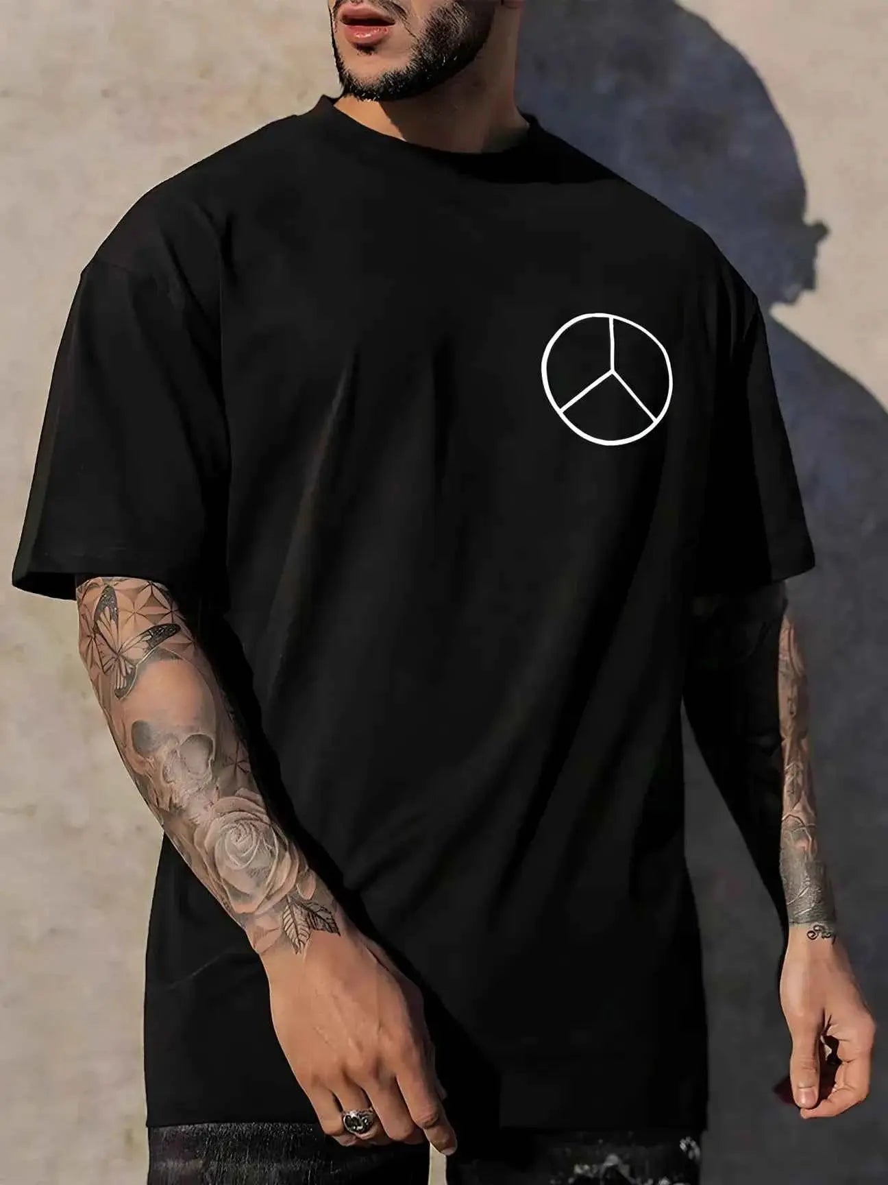 LEWEL Cotton Blend Oversized Fit Printed 3/4th Sleeves Men&#39;s Round T-Shirt - Black ( Pack of 1 )