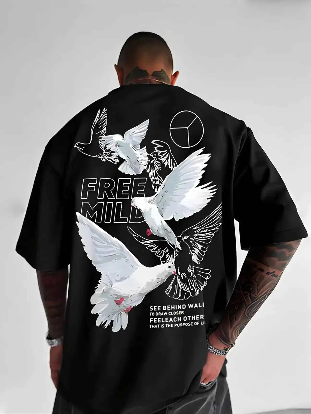 LEWEL Cotton Blend Oversized Fit Printed 3/4th Sleeves Men&#39;s Round T-Shirt - Black ( Pack of 1 )