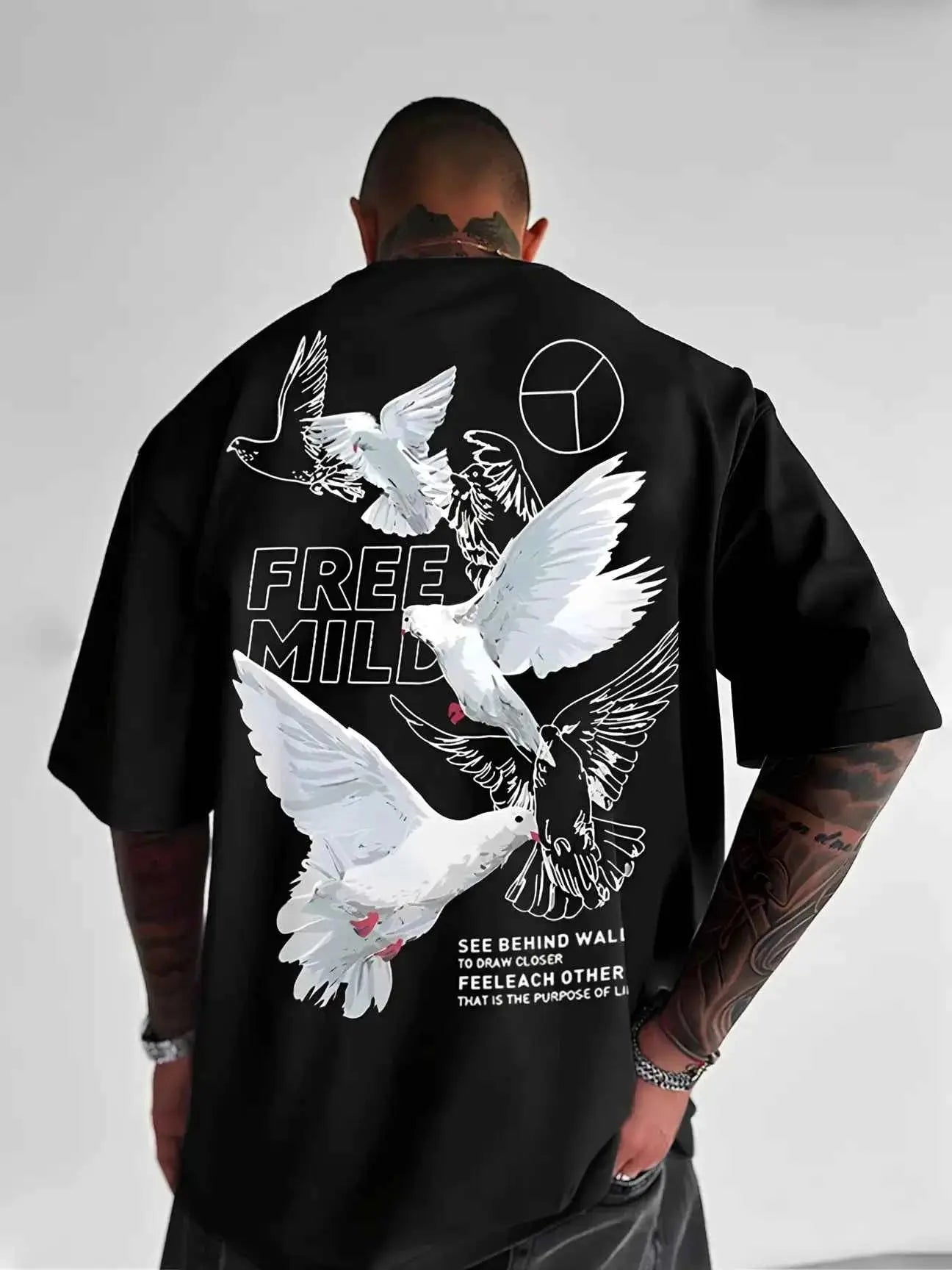 LEWEL Cotton Blend Oversized Fit Printed 3/4th Sleeves Men&#39;s Round T-Shirt - Black ( Pack of 1 )