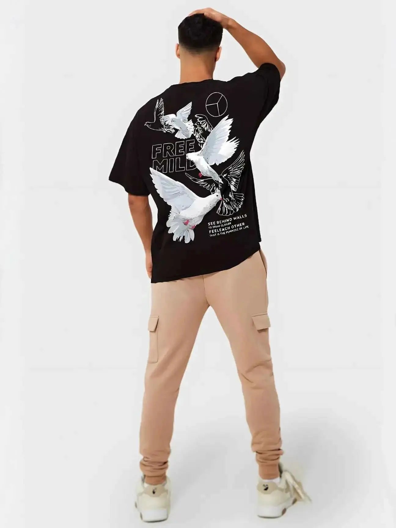 LEWEL Cotton Blend Oversized Fit Printed 3/4th Sleeves Men&#39;s Round T-Shirt - Black ( Pack of 1 )