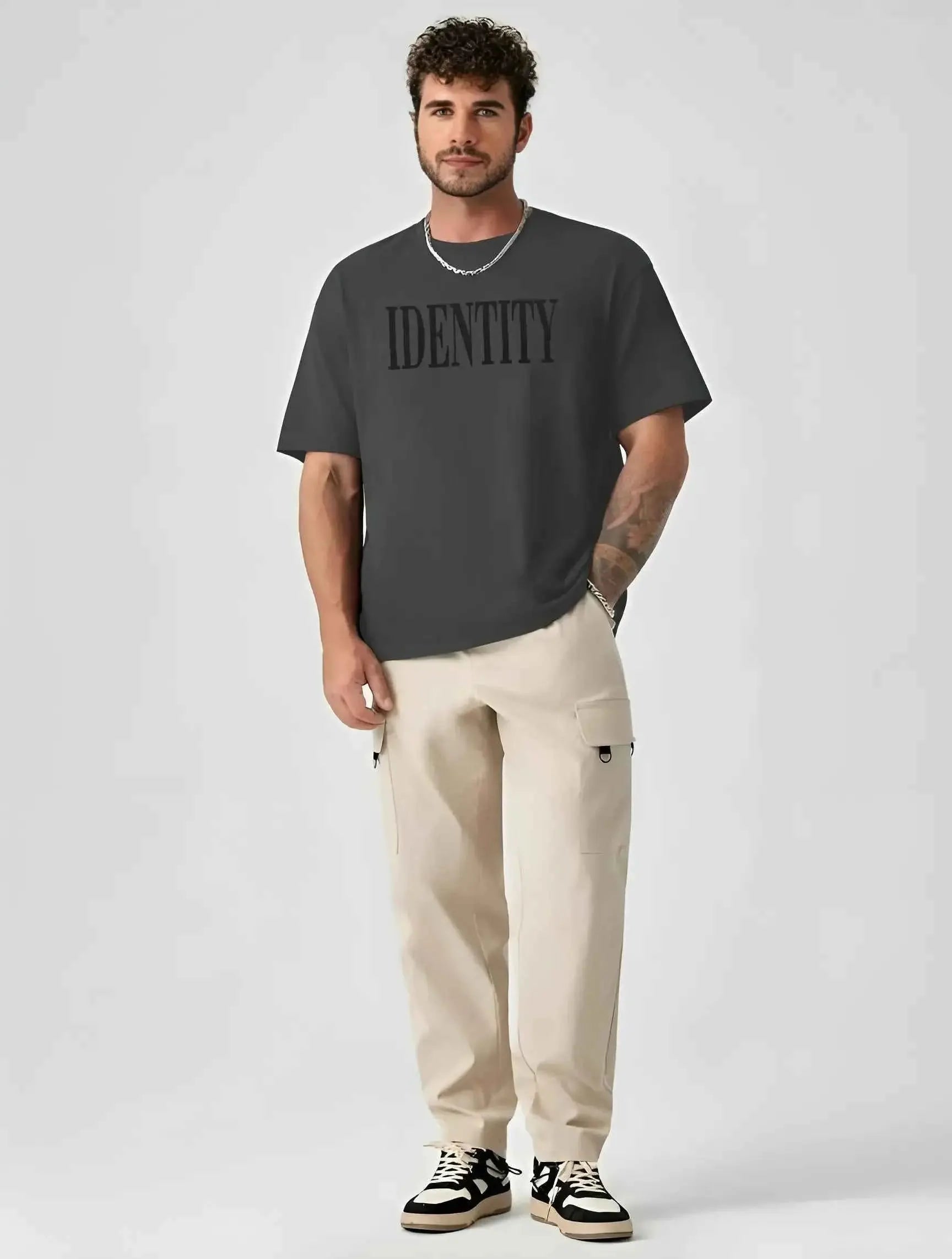 LEWEL Cotton Blend Oversized Fit Printed Half Sleeves Men&#39;s Round T-Shirt - Grey ( Pack of 1 )