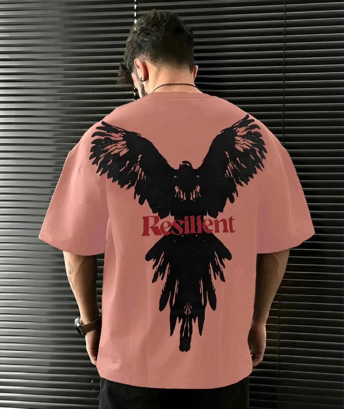 LEWEL Cotton Blend Oversized Fit Printed Half Sleeves Men&#39;s Round T-Shirt - Coral ( Pack of 1 )