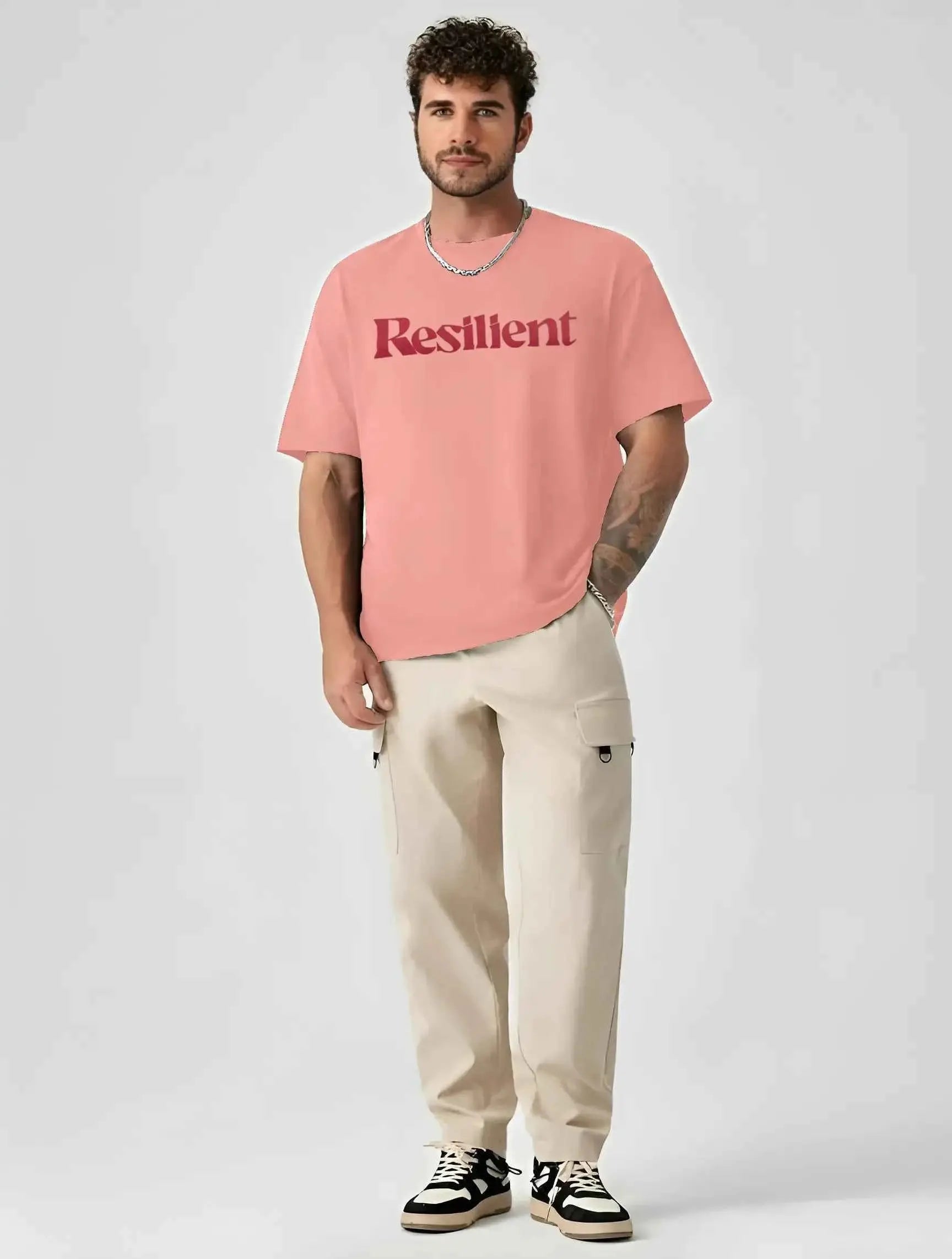 LEWEL Cotton Blend Oversized Fit Printed Half Sleeves Men&#39;s Round T-Shirt - Coral ( Pack of 1 )