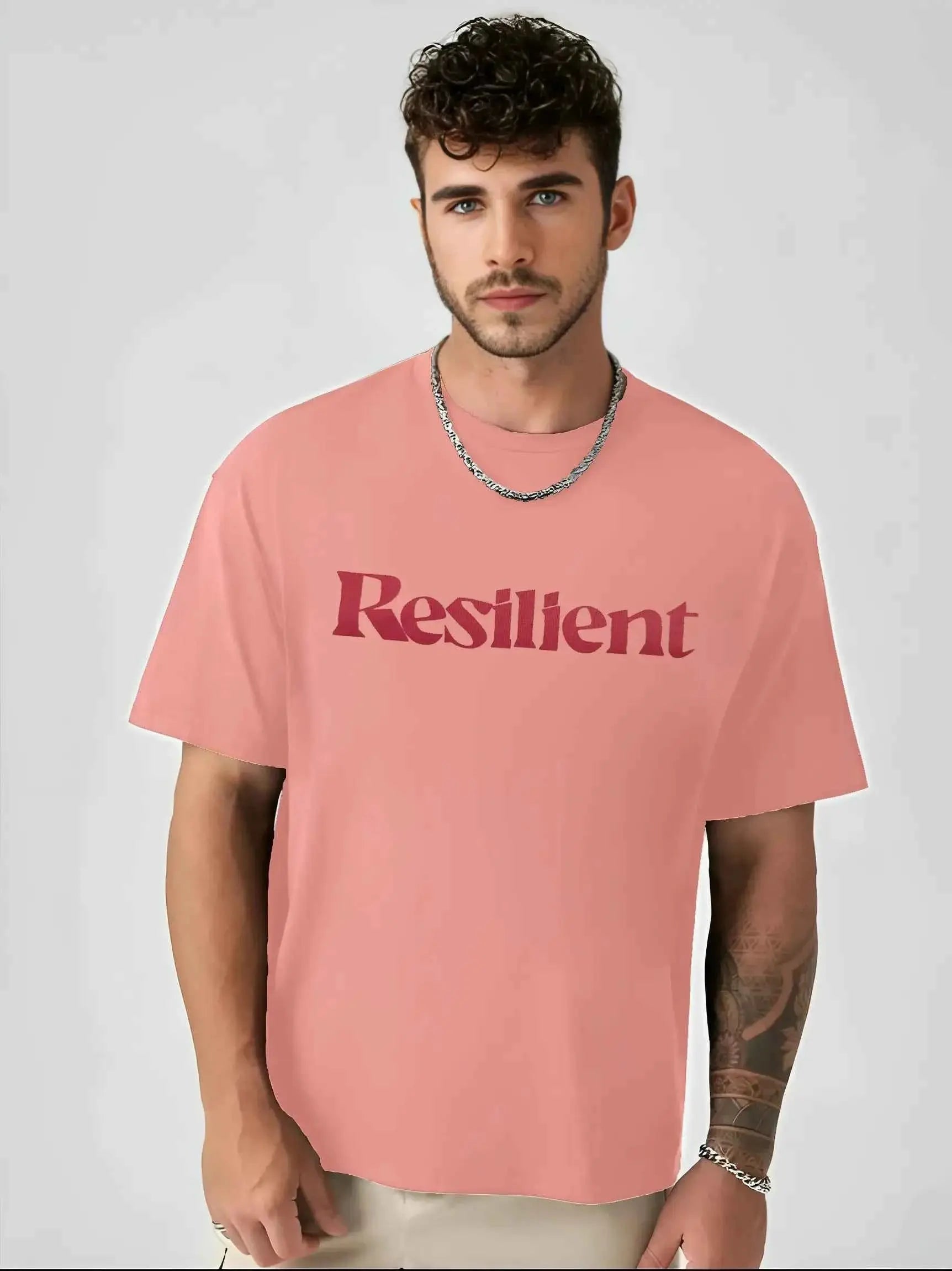 LEWEL Cotton Blend Oversized Fit Printed Half Sleeves Men&#39;s Round T-Shirt - Coral ( Pack of 1 )