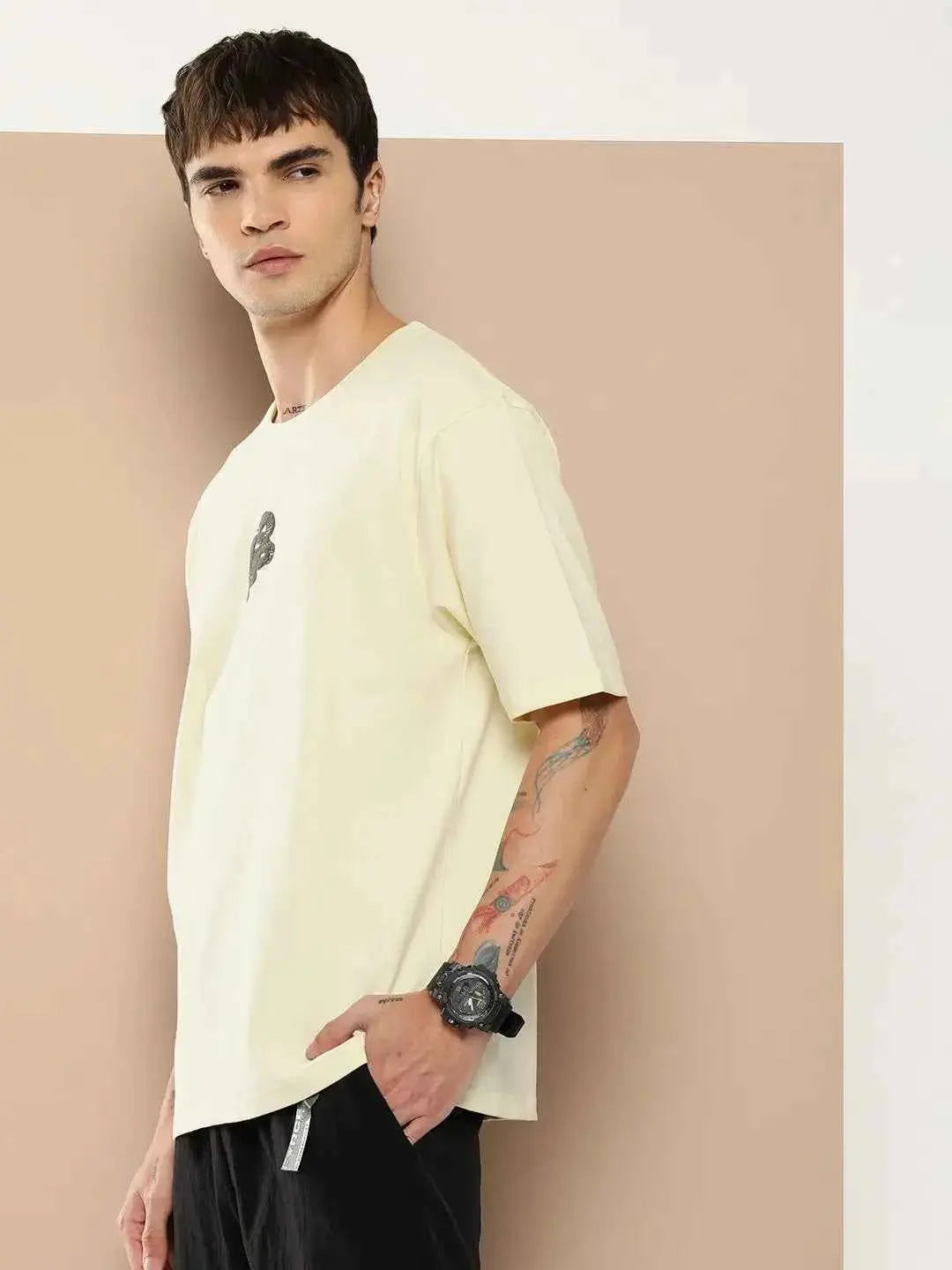 Difference of Opinion Cotton Oversized Fit Printed Half Sleeves Men&#39;s T-Shirt - Off White ( Pack of 1 )
