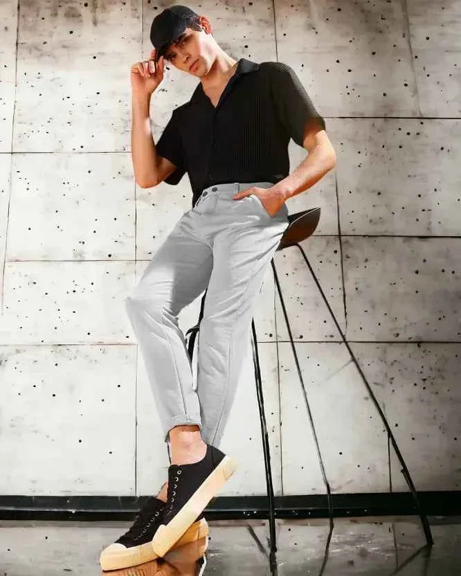 Men Regular Fit Grey Cotton Blend Trouser