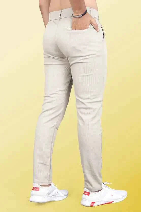 Men Slim Fit Cream Linen Blend Trousers