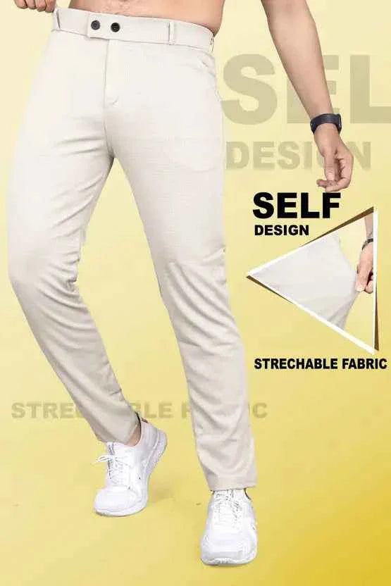 Men Slim Fit Cream Linen Blend Trousers
