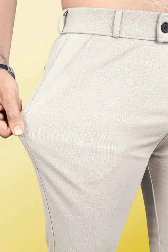 Men Slim Fit Cream Linen Blend Trousers