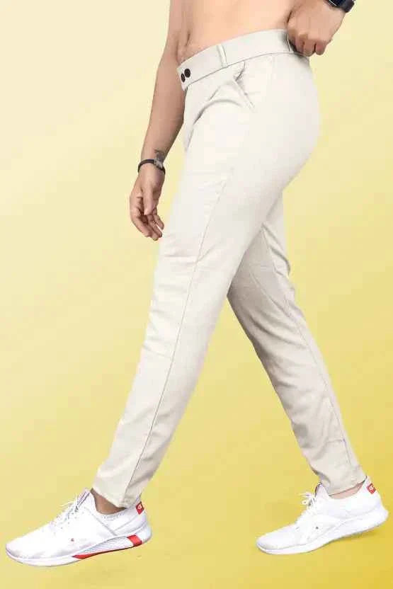 Men Slim Fit Cream Linen Blend Trousers
