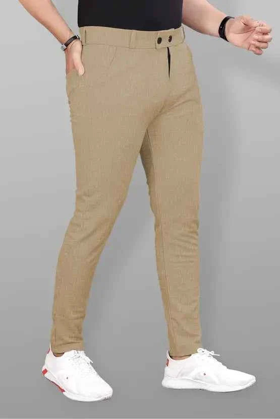 Men Slim Fit Khaki Lycra Blend Trouser
