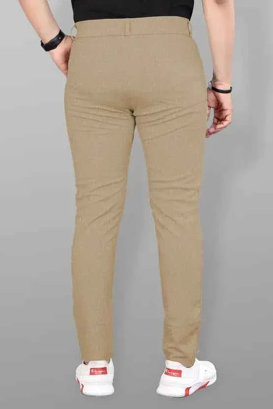 Men Slim Fit Khaki Lycra Blend Trouser