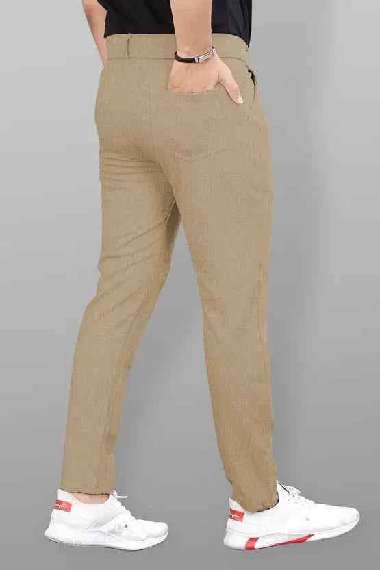 Men Slim Fit Khaki Lycra Blend Trouser