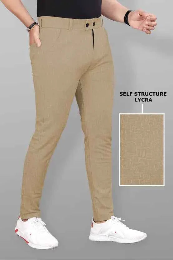 Men Slim Fit Khaki Lycra Blend Trouser