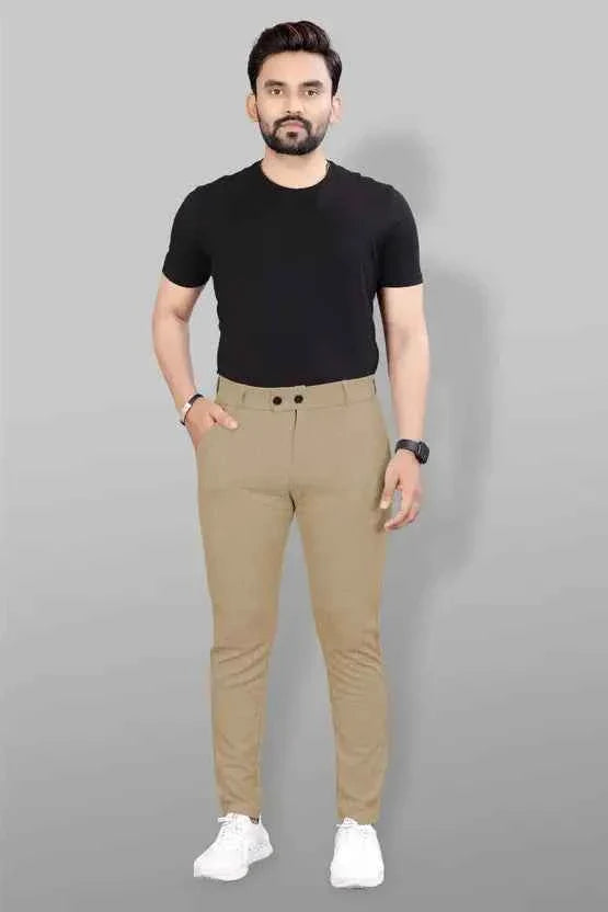 Men Slim Fit Khaki Lycra Blend Trouser
