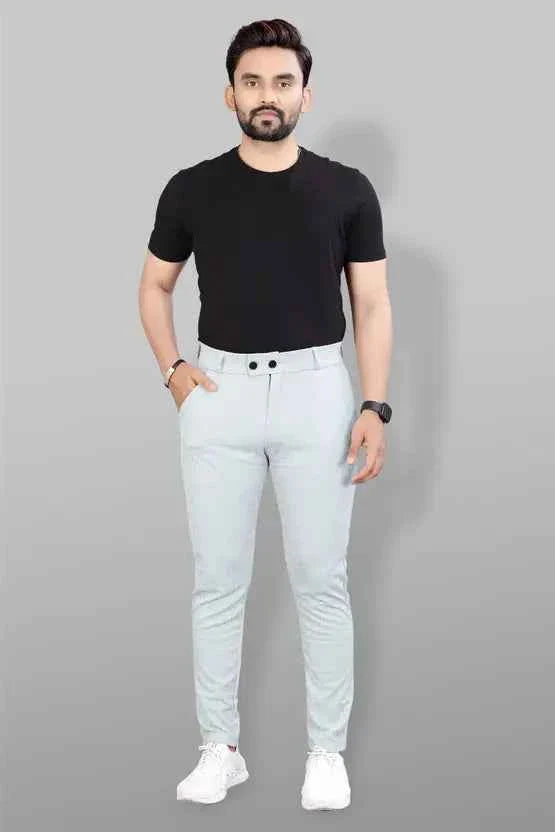 Men Slim Fit Grey Lycra Blend Trousers