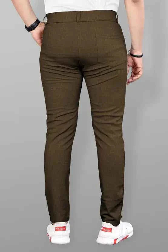 Men Slim Fit Brown Lycra Blend Trousers