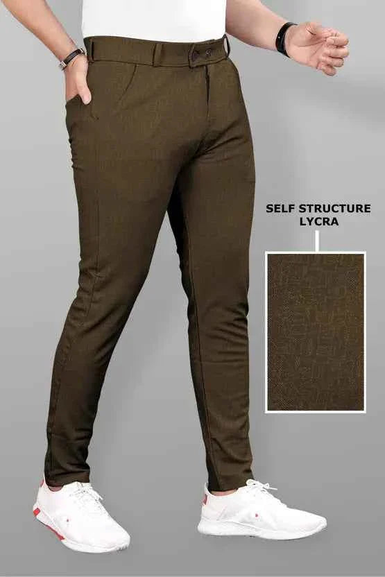 Men Slim Fit Brown Lycra Blend Trousers