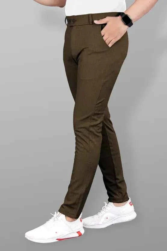 Men Slim Fit Brown Lycra Blend Trousers