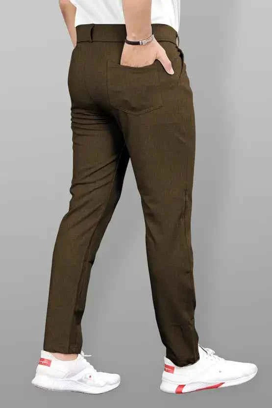 Men Slim Fit Brown Lycra Blend Trousers