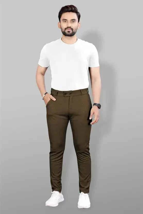 Men Slim Fit Brown Lycra Blend Trousers