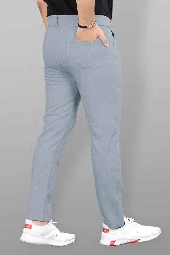 Men Slim Fit Silver Lycra Blend Trouser