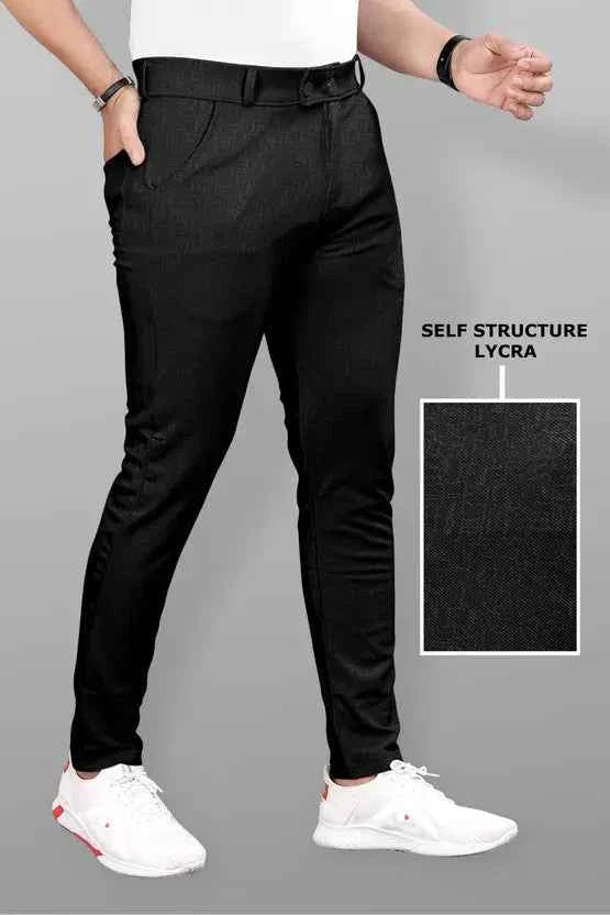 Men Slim Fit Black Lycra Blend Trousers