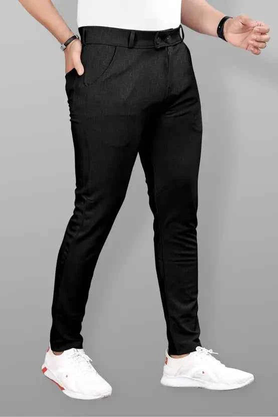Men Slim Fit Black Lycra Blend Trousers
