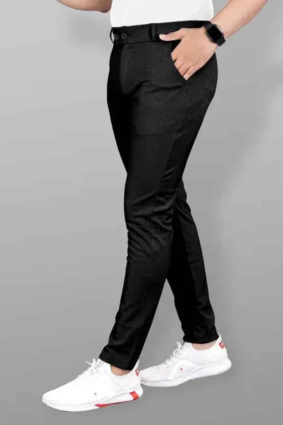 Men Slim Fit Black Lycra Blend Trousers