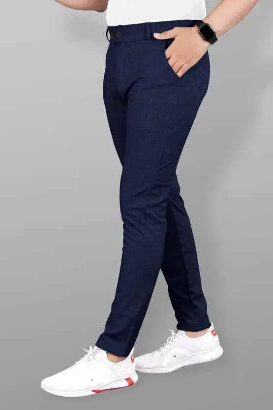 Men Slim Fit Blue Lycra Blend Trousers