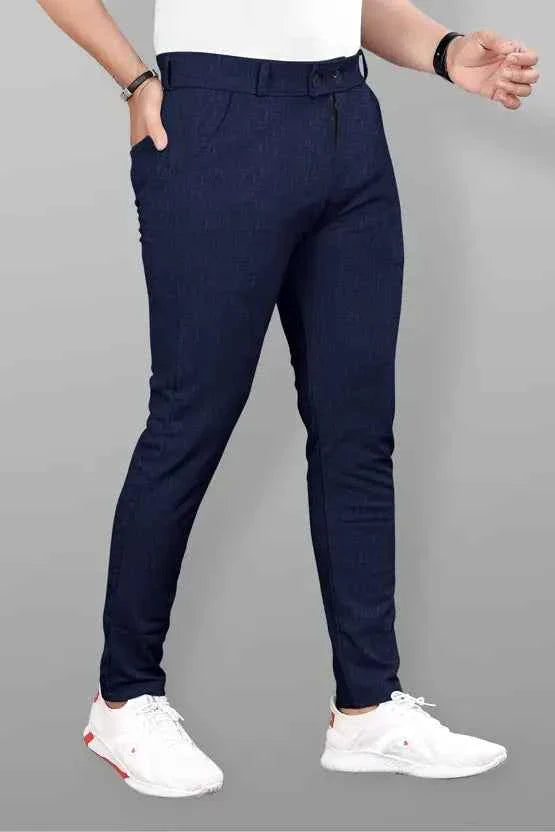 Men Slim Fit Blue Lycra Blend Trousers