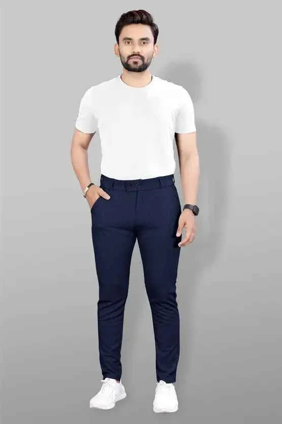 Men Slim Fit Blue Lycra Blend Trousers
