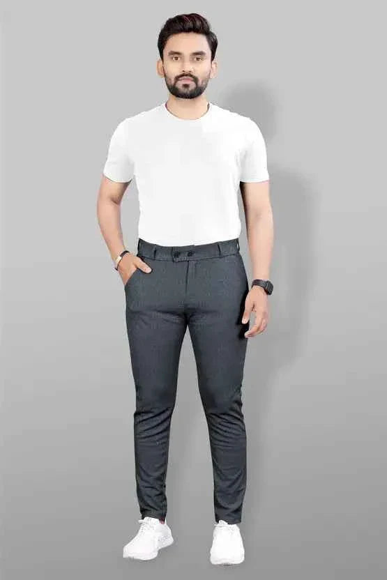 Men Slim Fit Grey Lycra Blend Trousers