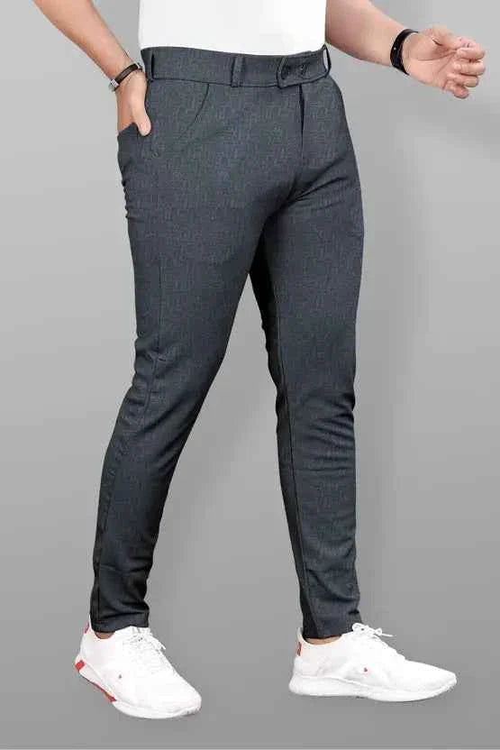 Men Slim Fit Grey Lycra Blend Trousers